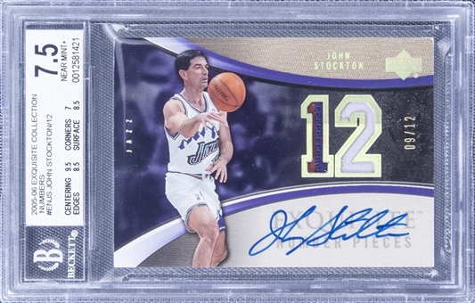 2005-06 UD "Exquisite Collection" Exquisite Number Pieces #ENJS John Stockton Signed Game Used Patch Card (#09/12) - BGS NM+ 7.5/BGS 10